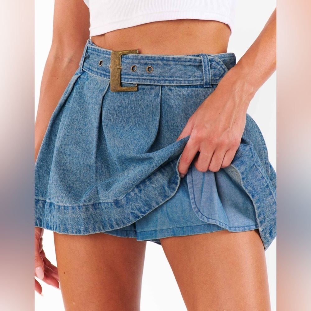 New Show Me Your Mumu Lohan Mini Skirt Skort Ozone Indigo Denim Sz L - Picture 3 of 16